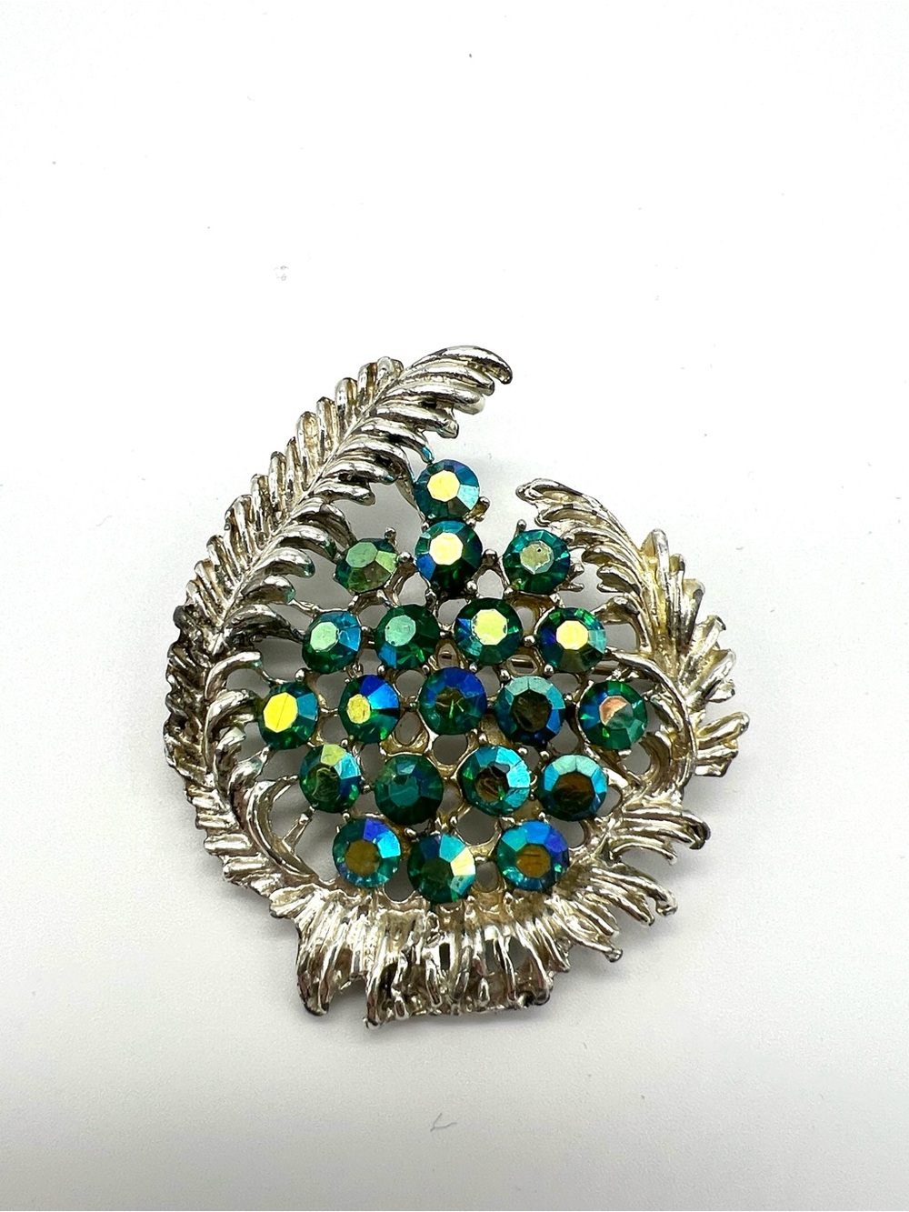 VTG Aurora Borealis Blue-Green Crystal Leaf Feather Brooch
